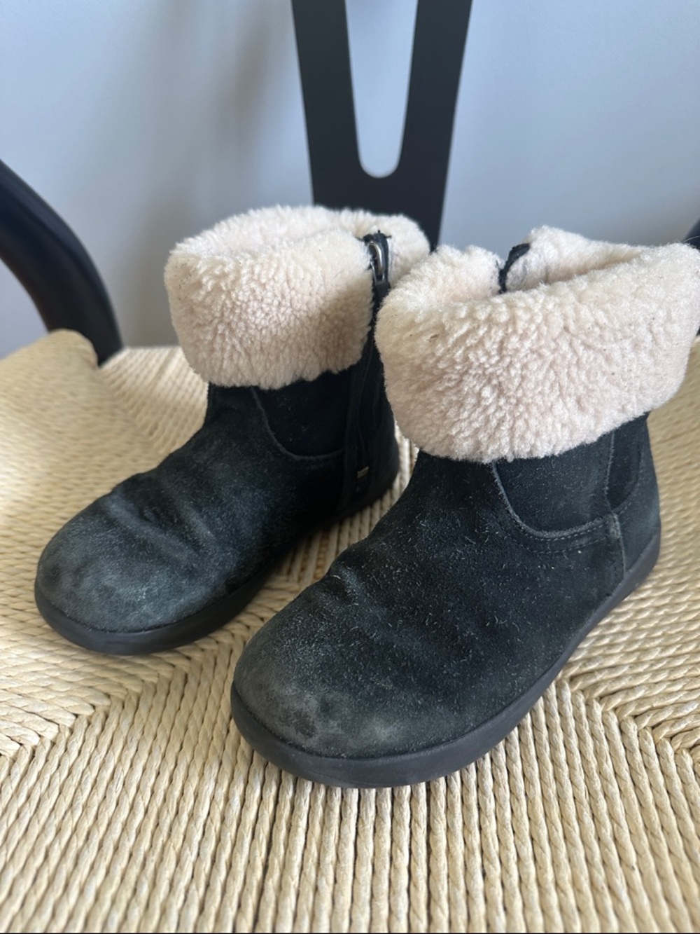 UGG Kids Black Suede Boots with Cream Shearling Cuff